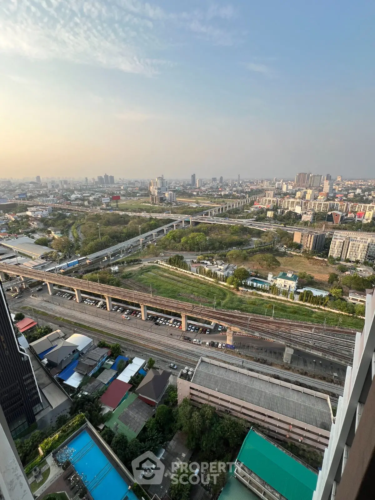 Stunning cityscape view from high-rise building showcasing urban landscape and transportation network.
