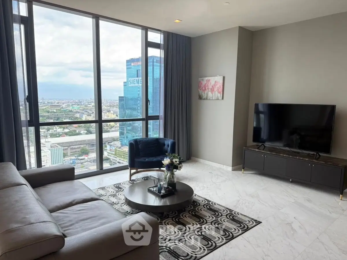 Luxurious living room with stunning city view and modern furnishings