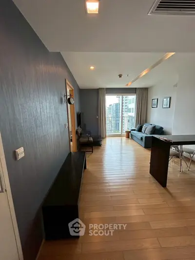 Modern living room with city view and stylish decor