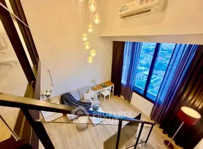 Stunning loft-style living room with high ceilings and panoramic city view, featuring modern decor and elegant lighting.