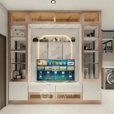 Modern living room with built-in entertainment center and sleek design