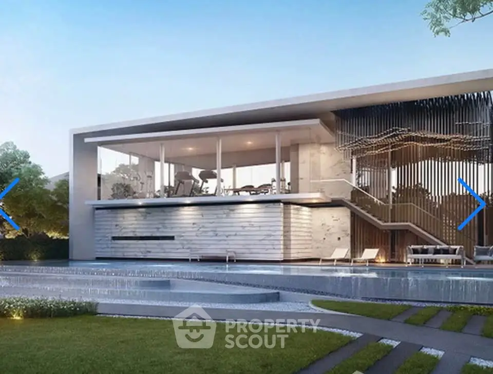 Luxurious modern home with stunning architecture and expansive outdoor pool area.