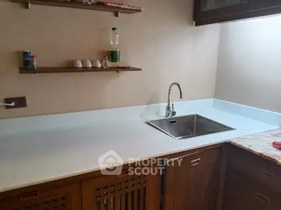Modern kitchen with sleek countertop and stainless steel sink, featuring wooden cabinets and open shelves.