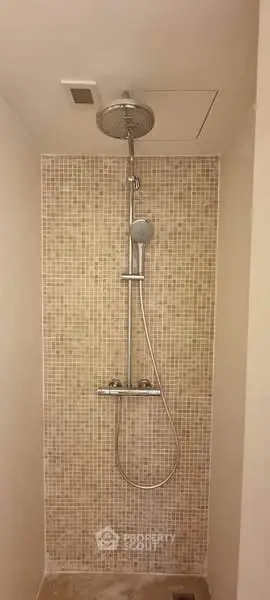 Modern shower area with stylish mosaic tiles and sleek fixtures