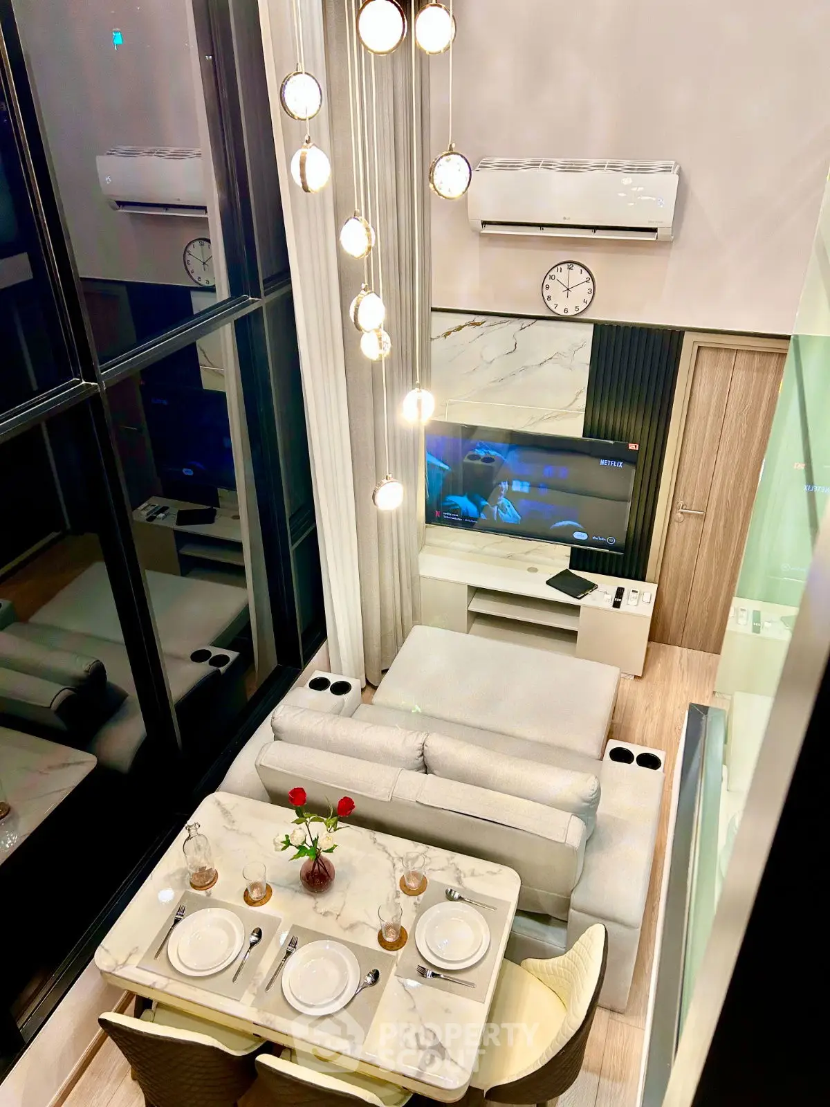 Luxurious modern living room with elegant dining area and stylish decor