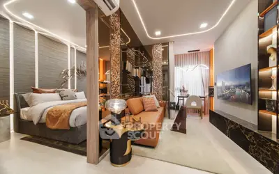 Luxurious modern living room with elegant decor and ambient lighting