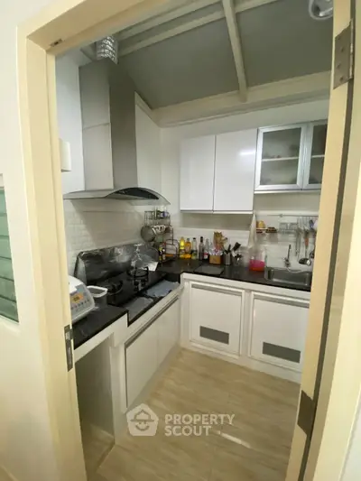 Compact kitchen with modern appliances and sleek cabinetry in cozy apartment.