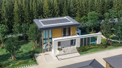 Modern eco-friendly house with solar panels and lush green surroundings