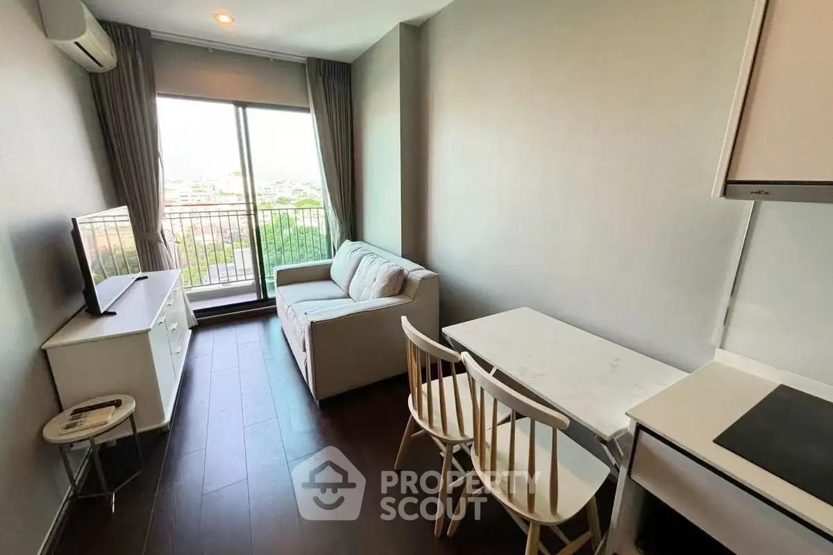 Modern living room with balcony view in a stylish apartment