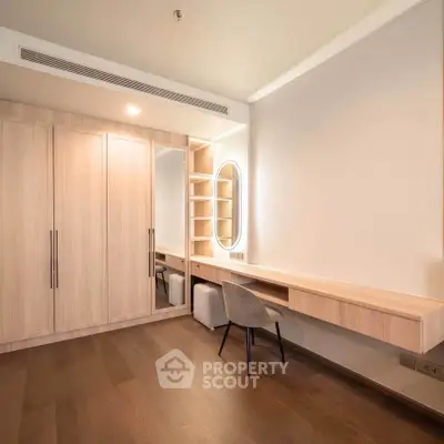 Modern bedroom with built-in wardrobe and stylish vanity area