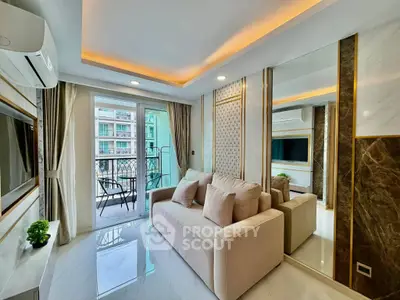 Luxurious living room with modern decor and balcony access in a high-end apartment.