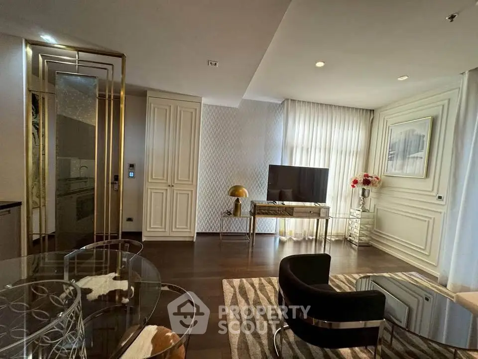 Luxurious modern living room with elegant decor and large windows