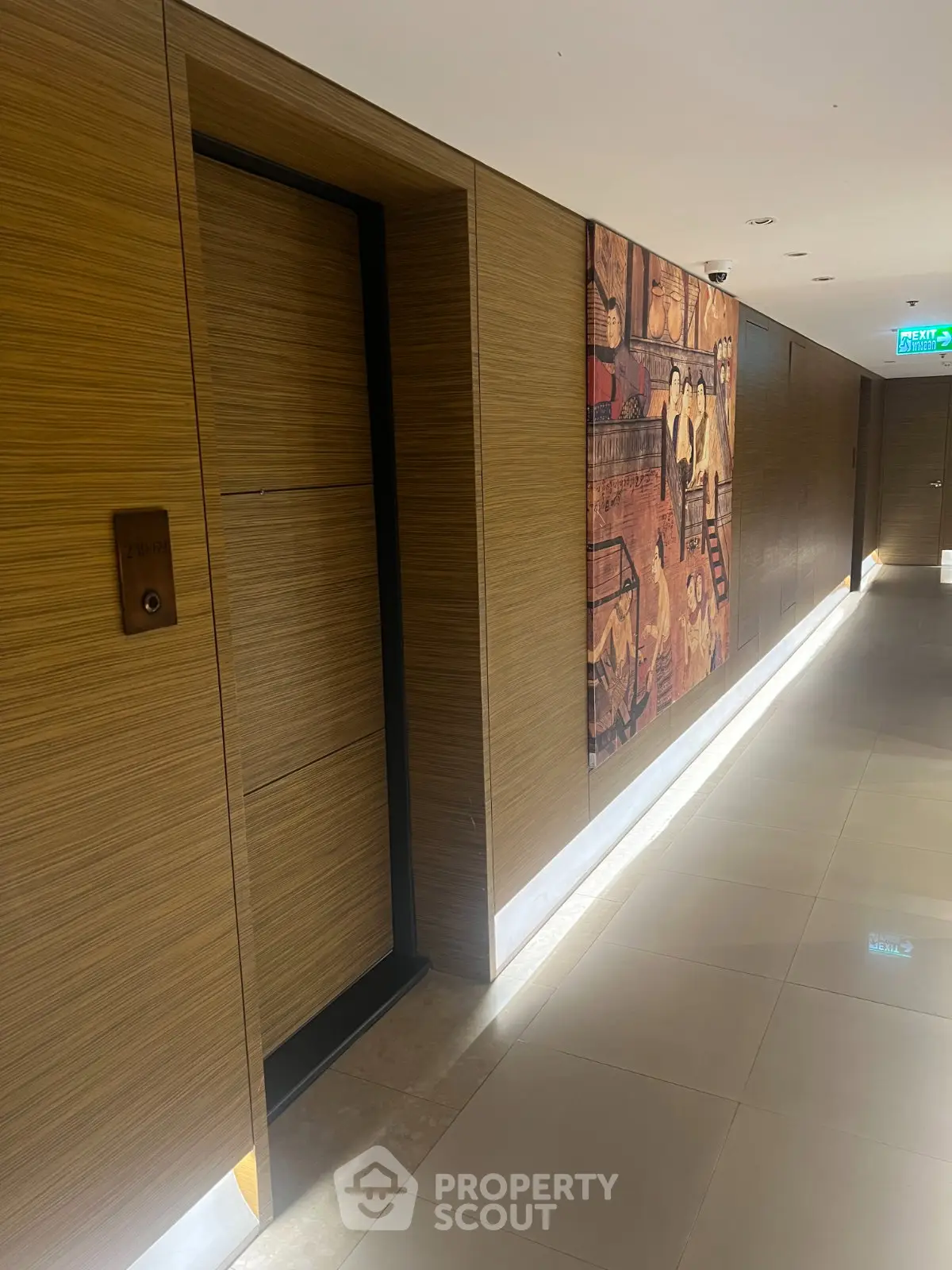 Luxurious modern corridor with elegant wood paneling and ambient lighting
