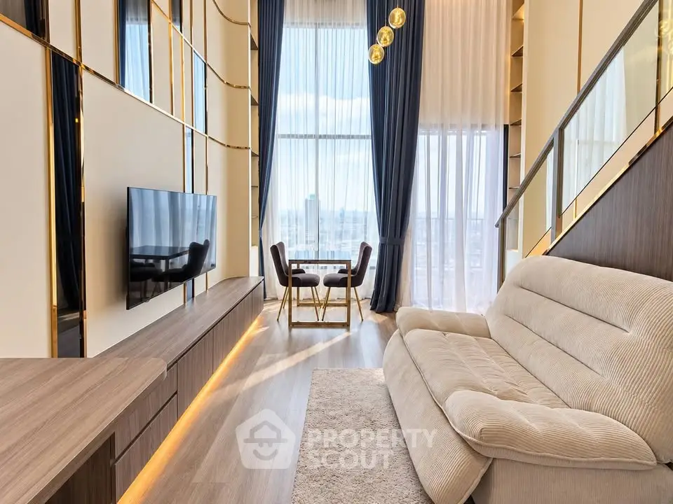 Luxurious modern living room with high ceilings and elegant decor