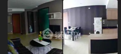 Modern living room and dining area with stylish furniture and appliances