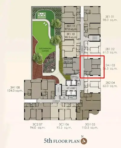 5th floor plan of a modern residential building with garden and multiple unit layouts.