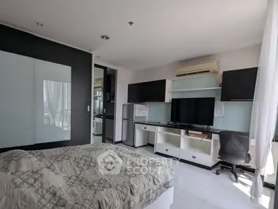 Modern bedroom with sleek design, featuring a workspace, TV, and air conditioning.