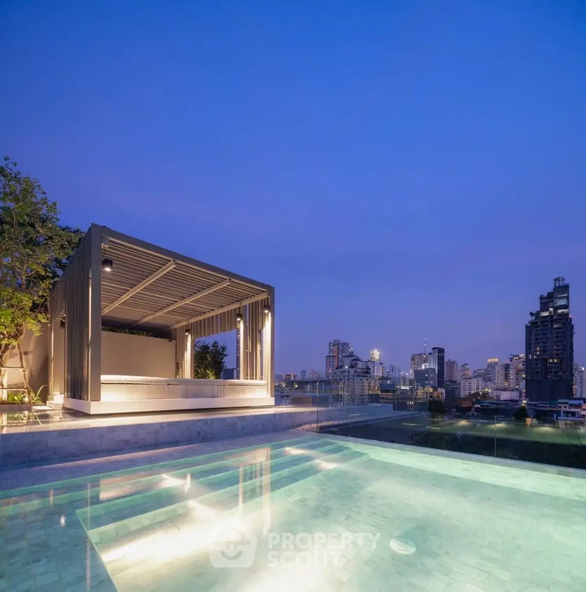 Luxurious rooftop pool with stunning city skyline view at dusk