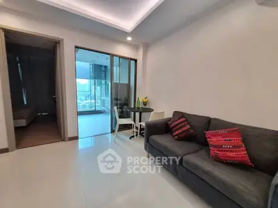 Modern living room with sleek design and city view