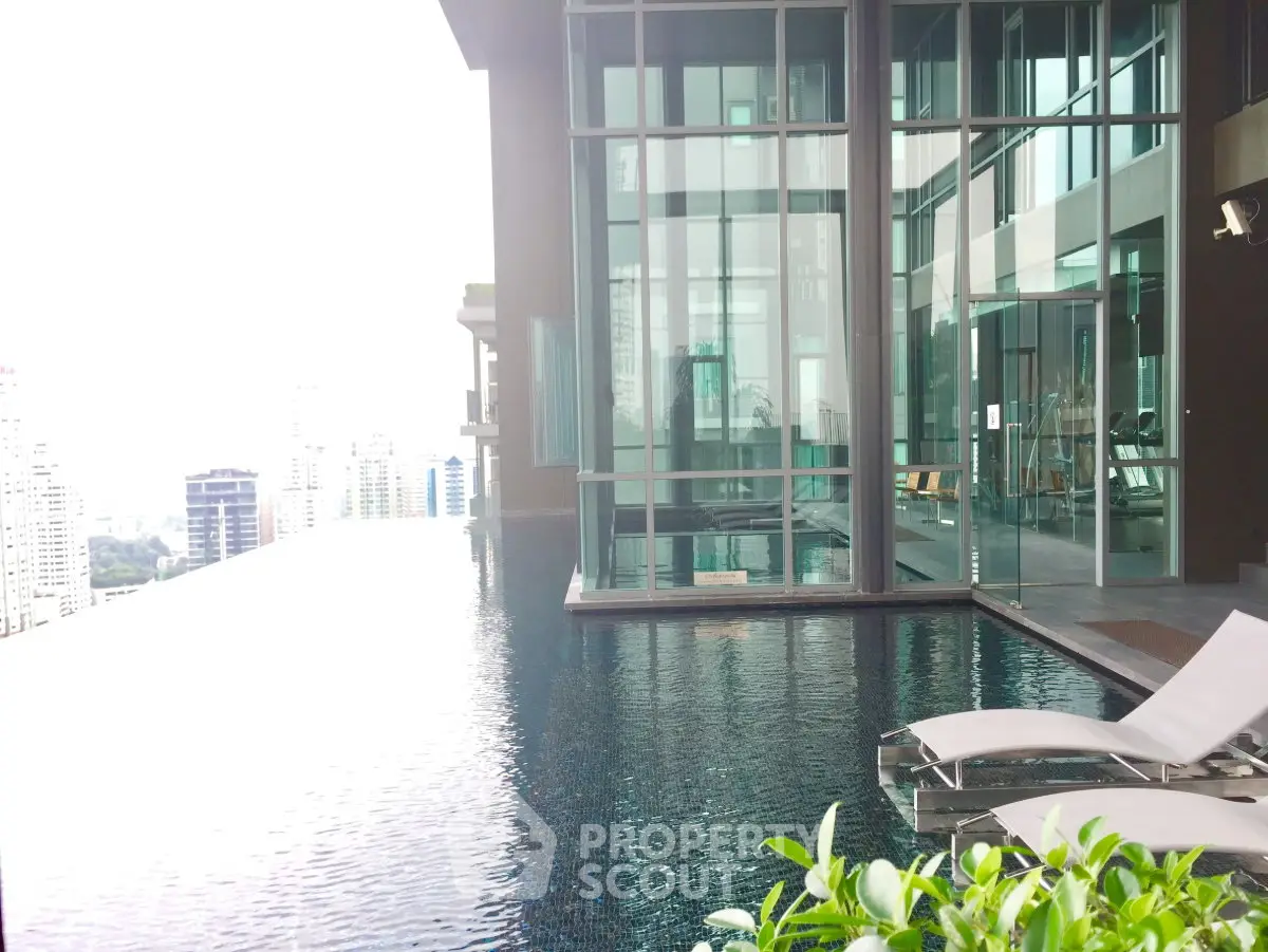 Luxurious rooftop infinity pool with stunning city skyline views in modern high-rise building.