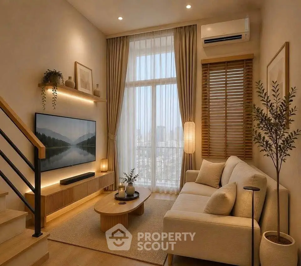 Modern living room with cozy sofa, stylish decor, and large window offering city view.