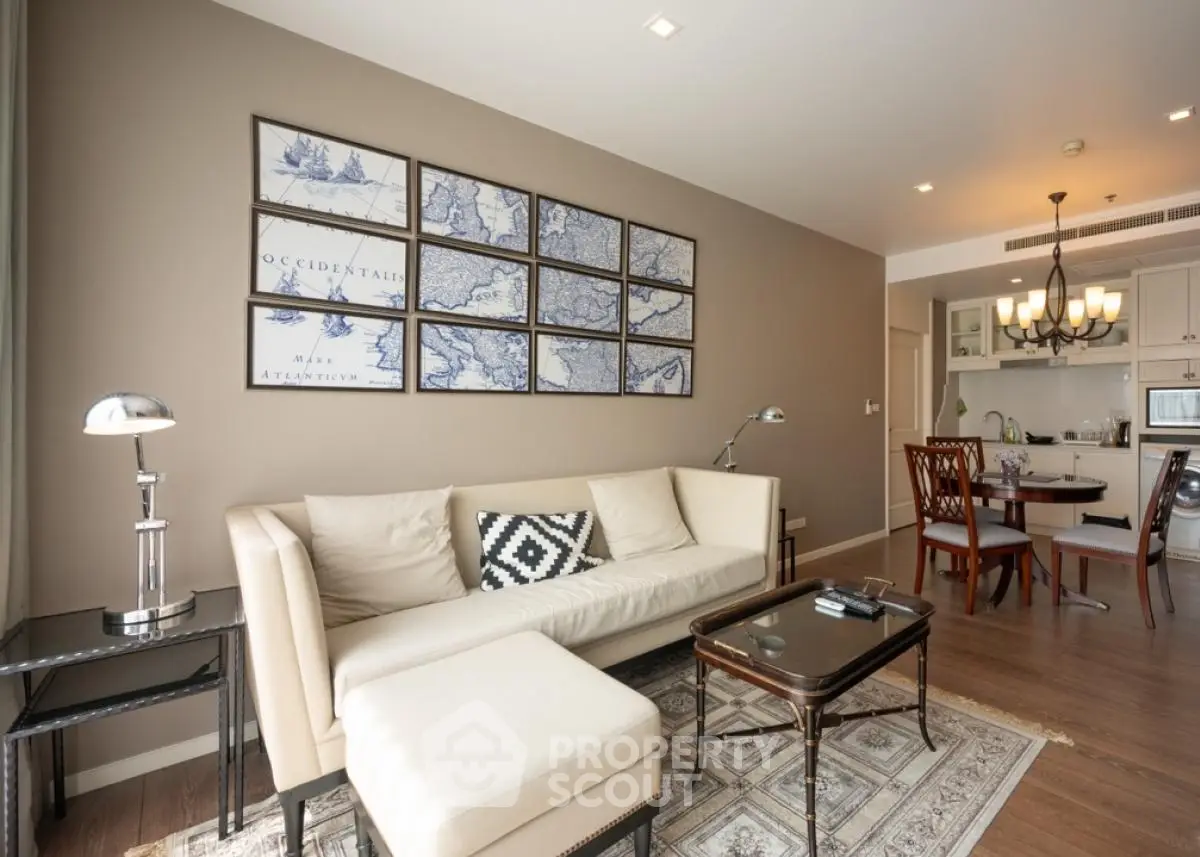 Modern living room with stylish decor and open kitchen layout