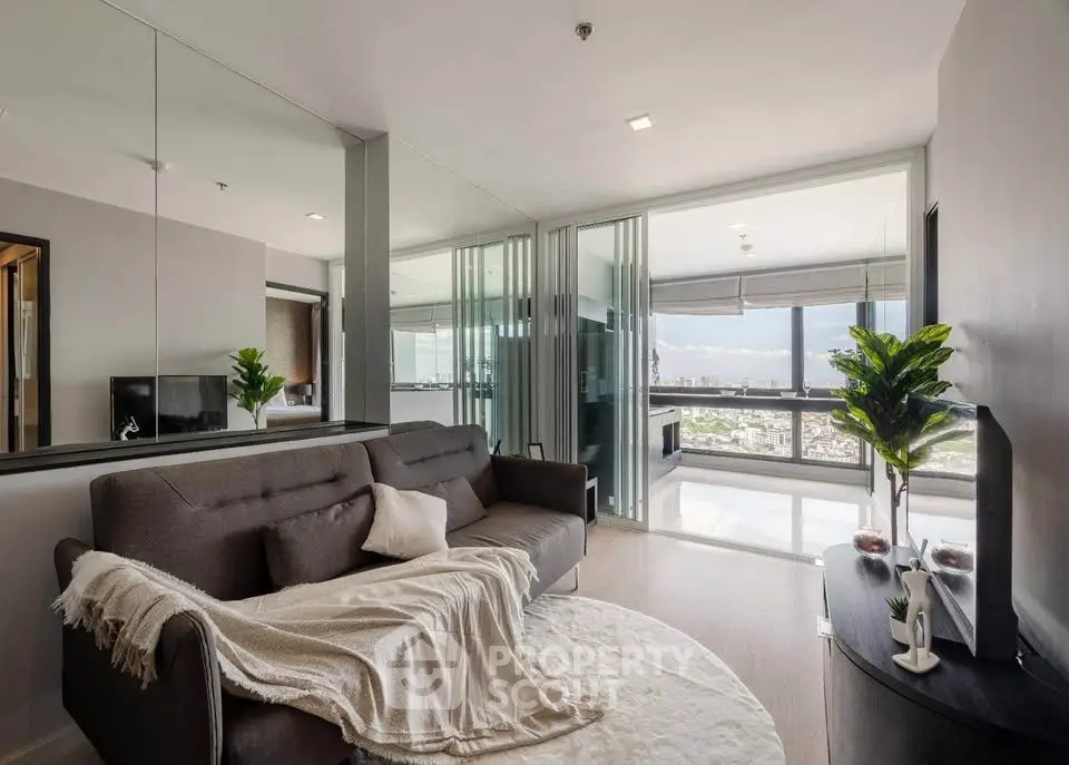 Modern living room with panoramic city view and stylish decor