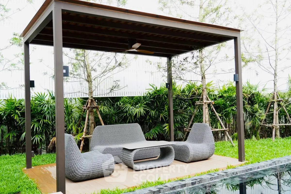Modern outdoor patio with stylish furniture and lush greenery, perfect for relaxation and entertaining.