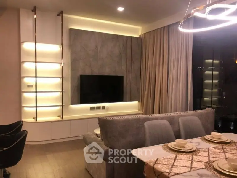 Luxurious modern living room with elegant lighting and stylish decor