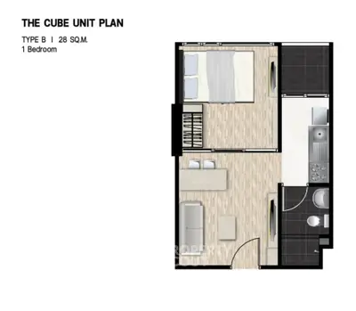 Modern 1-bedroom unit floor plan with open living area and compact kitchen.