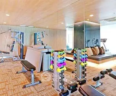 Modern gym with state-of-the-art equipment and mirrored walls in luxury apartment building.