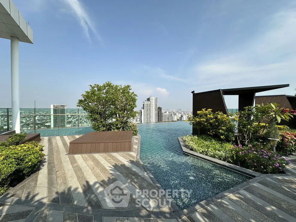 Luxurious rooftop pool with stunning city skyline view and lush greenery.
