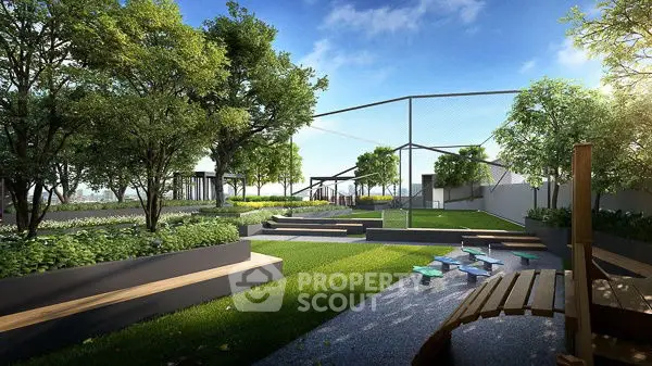 Stunning rooftop garden with lush greenery and seating area, perfect for relaxation and leisure.