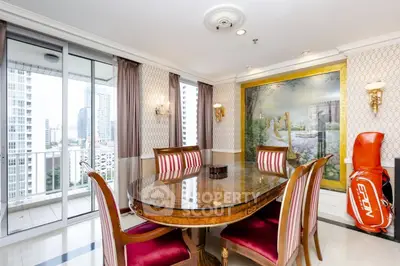 Elegant dining room with classic decor and city view balcony