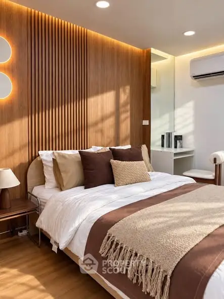 Modern bedroom with stylish wood paneling and cozy bedding