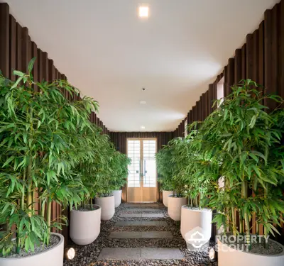 Elegant hallway with lush indoor plants and modern design