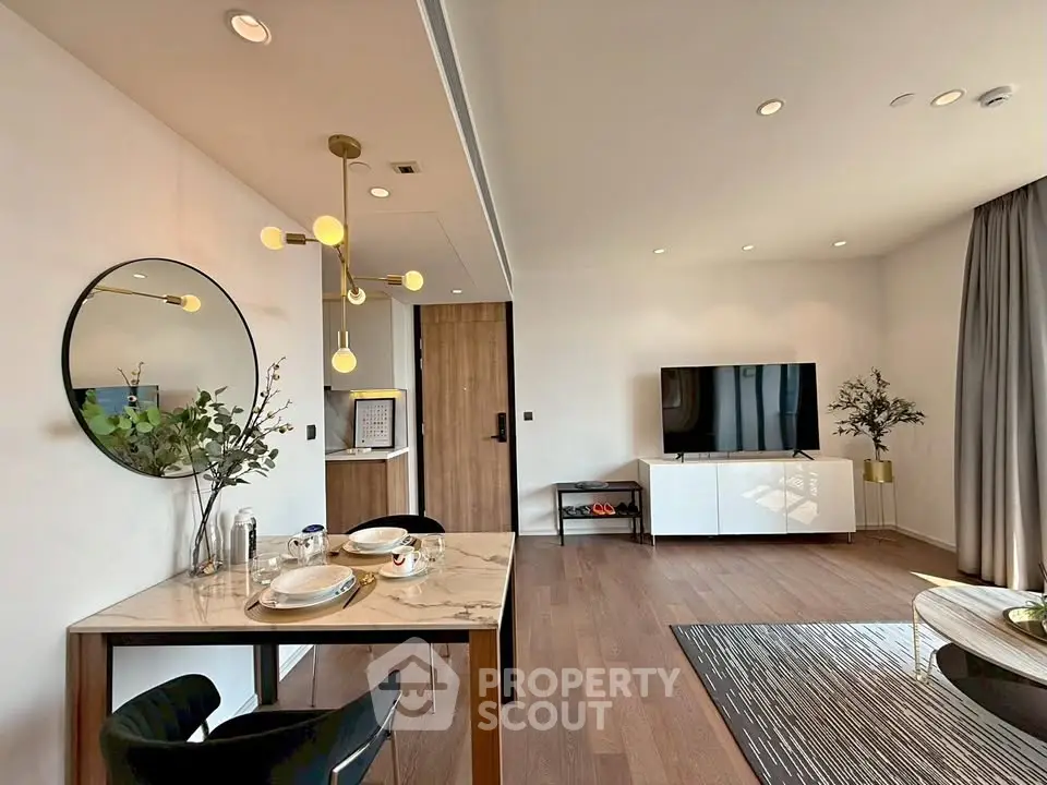 Modern living room with stylish decor and dining area