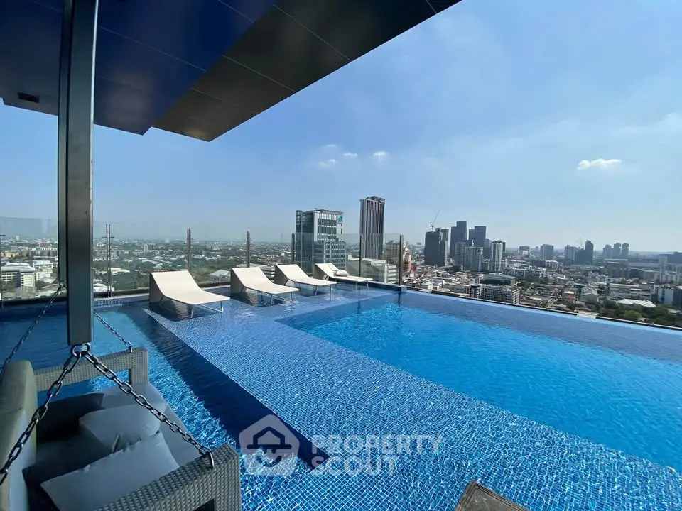 Luxurious rooftop pool with stunning city skyline view, perfect for relaxation and entertainment.