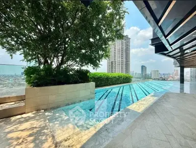 Luxurious rooftop pool with stunning city skyline views and lush greenery.