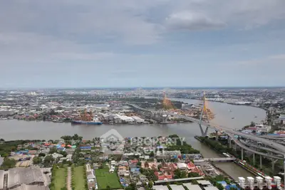 Stunning aerial view of cityscape with iconic bridge and river, showcasing urban and natural beauty.