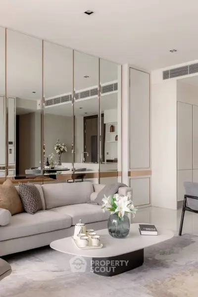 Luxurious modern living room with elegant decor and mirrored wall panels