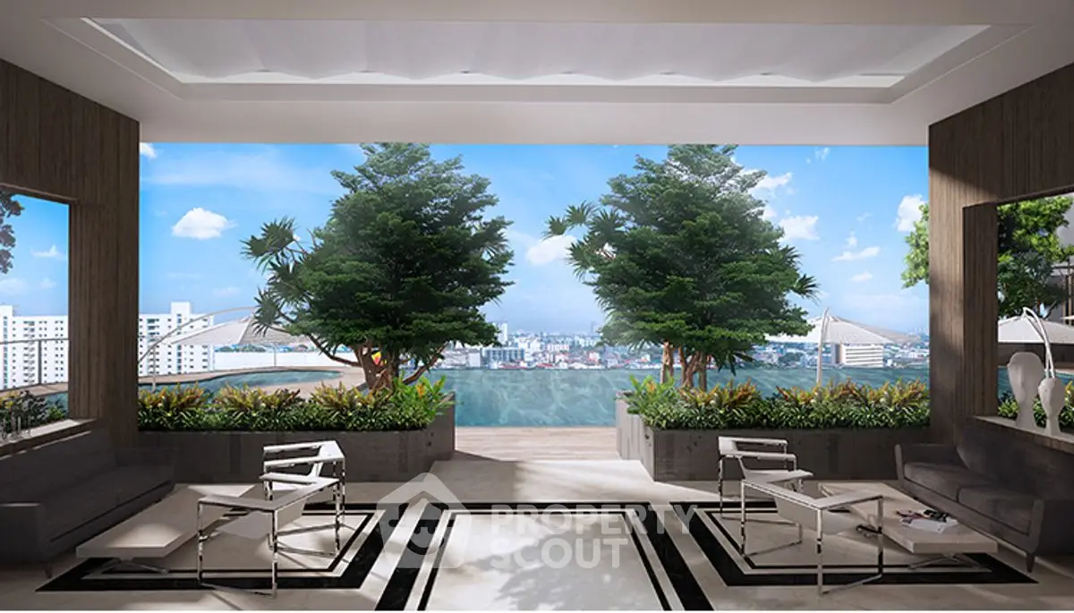 Luxurious living room with stunning city view and modern decor