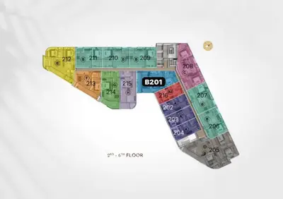 Color-coded floor plan layout for 2nd to 6th floors, highlighting unit B201 in a modern building.