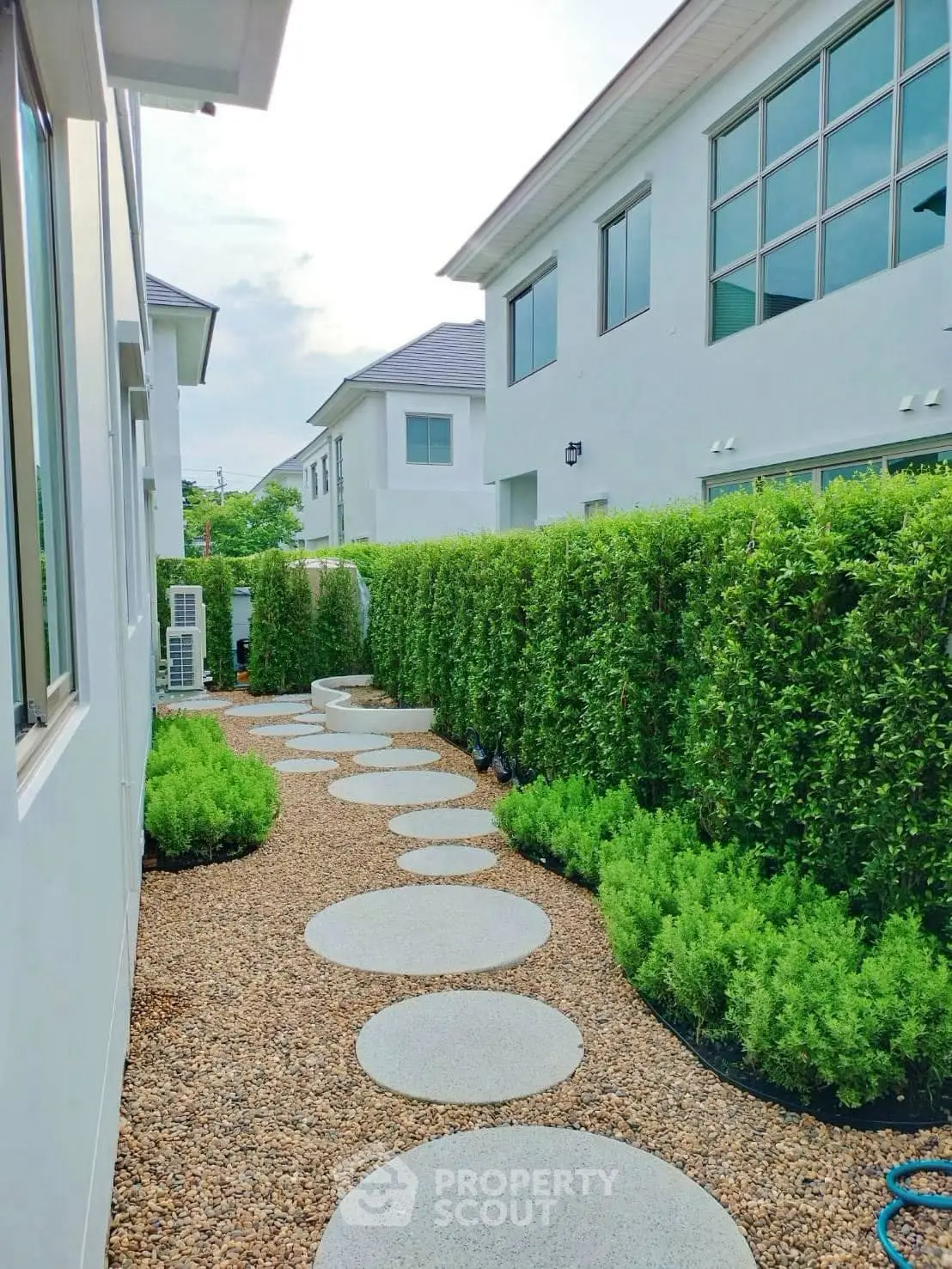 Charming garden pathway with lush greenery in modern residential area