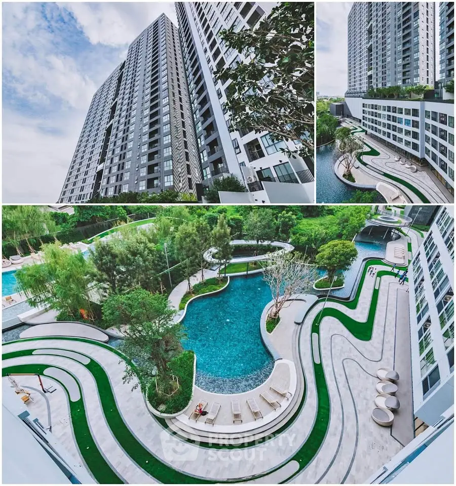 Luxurious modern apartment complex with stunning pool and lush garden views.