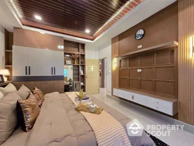 Luxurious modern bedroom with elegant decor and built-in storage solutions