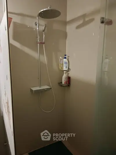 Modern shower area with sleek fixtures and glass partition