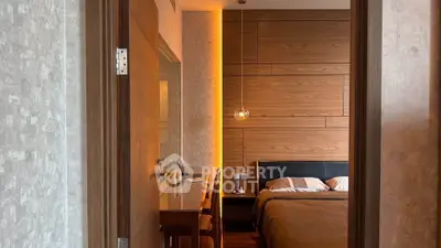 Elegant bedroom with wooden accents and cozy lighting in modern apartment