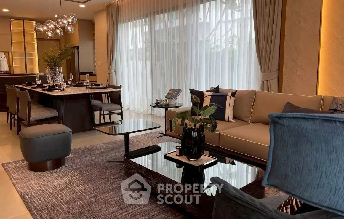 Luxurious modern living room with elegant dining area and stylish decor