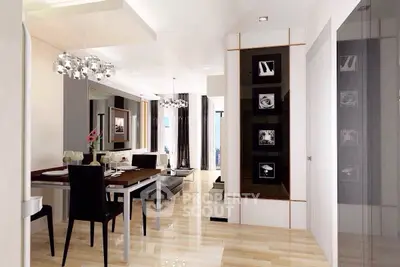 Modern dining and living area with elegant decor and wooden flooring